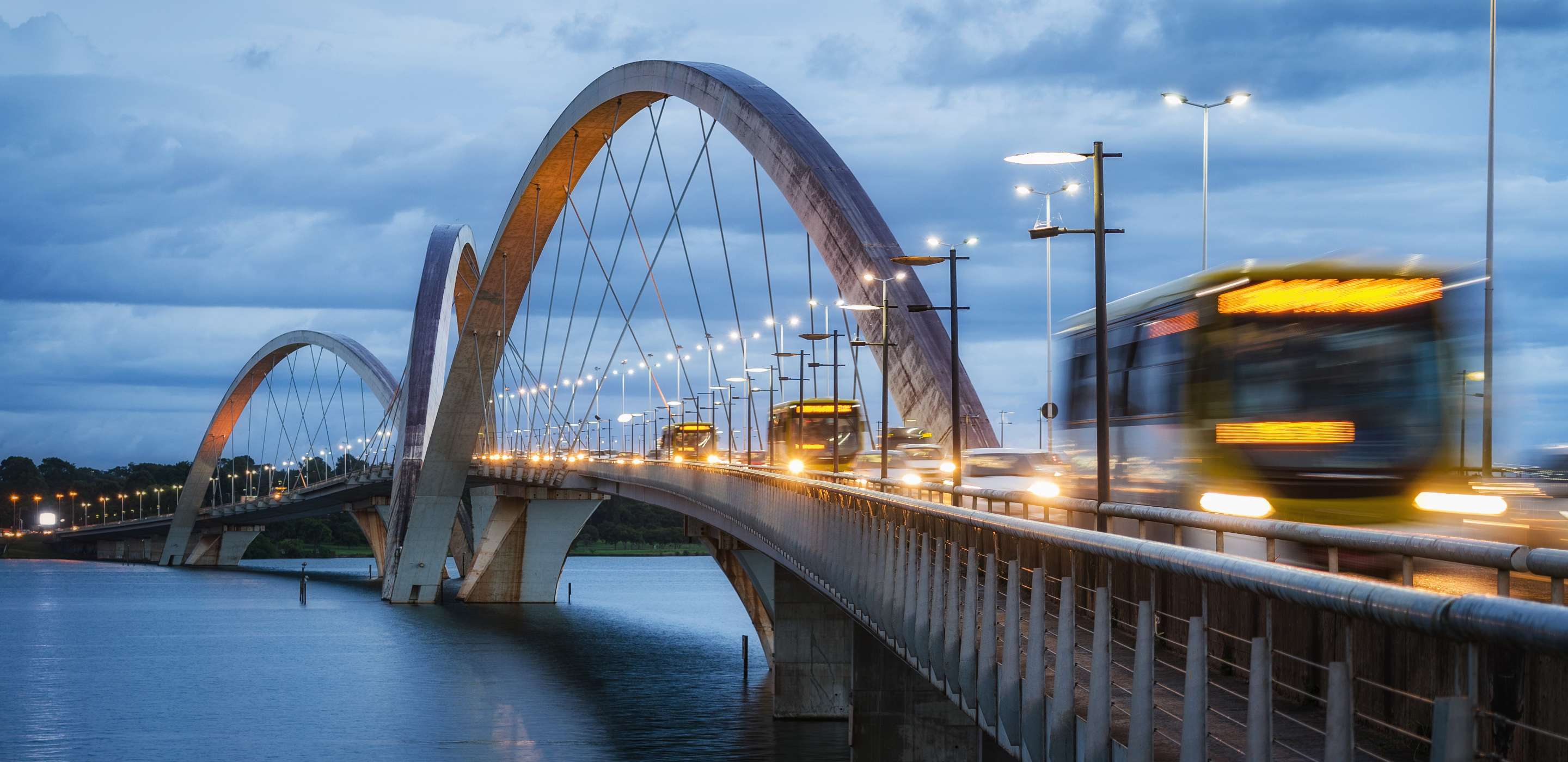 Traffic on JK Bridge at dusk in Brasilia, Federal District, capital of Brazil.