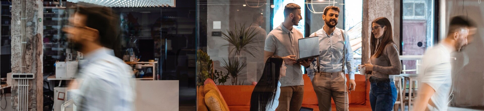 Office meeting with moving people