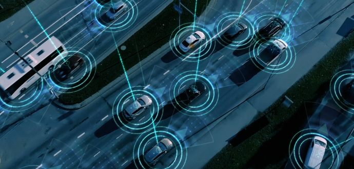 Cars on a highway overlayed by data points